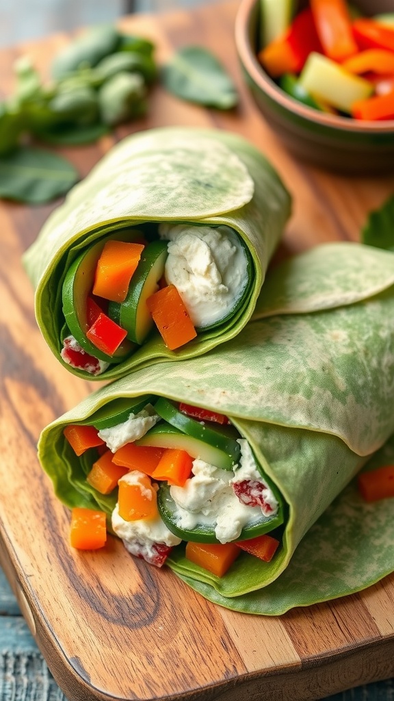 A colorful spinach wrap filled with vegetables and cream cheese, sliced in half on a wooden board.